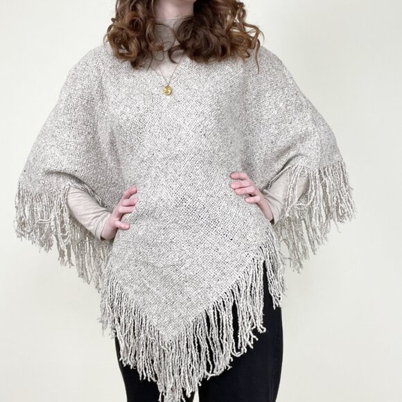 Vintage Wool Cotton Woven Knit Fringe Poncho Western Boho Hippie Sweater Shawl - Picture 4 of 6